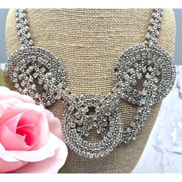 Silver Tone Crystal Statement Necklace Large Links Runway 20" Prom Clubwear - Picture 3 of 8